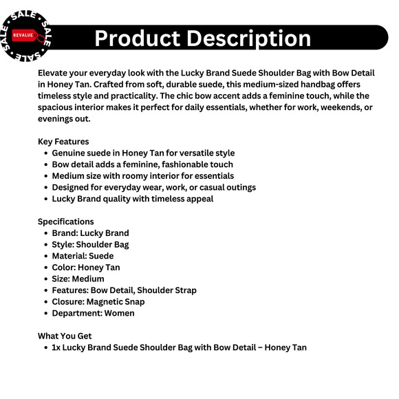 Lucky Brand Suede Bow Shoulder Bag – Honey Tan Medium Women's‎ Handbag - Picture 2 of 5